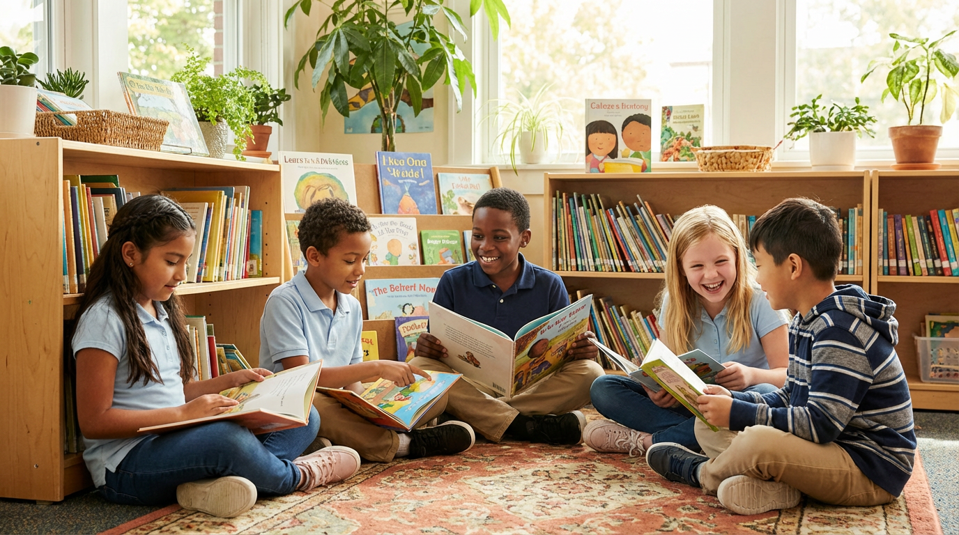 Diverse children reading books together - The Literacy Bar tutoring